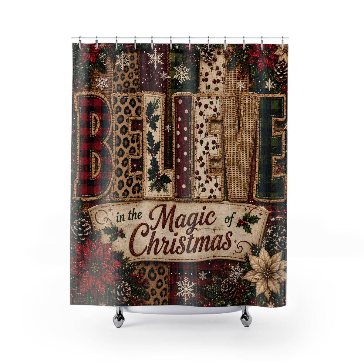 Believe in Christmas Shower Curtain Faux Patchwork Plaid Leopard Poinsettia Rustic Farmhouse Holiday Bathroom Decor