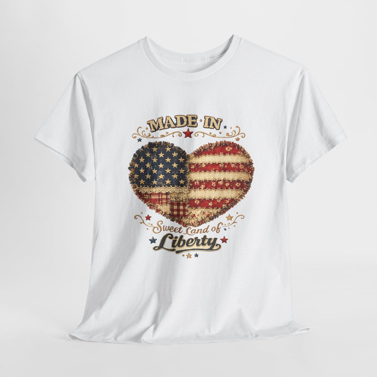 Patriotic Heart T-Shirt — "Made in Sweet Land of Liberty" USA Flag Tee