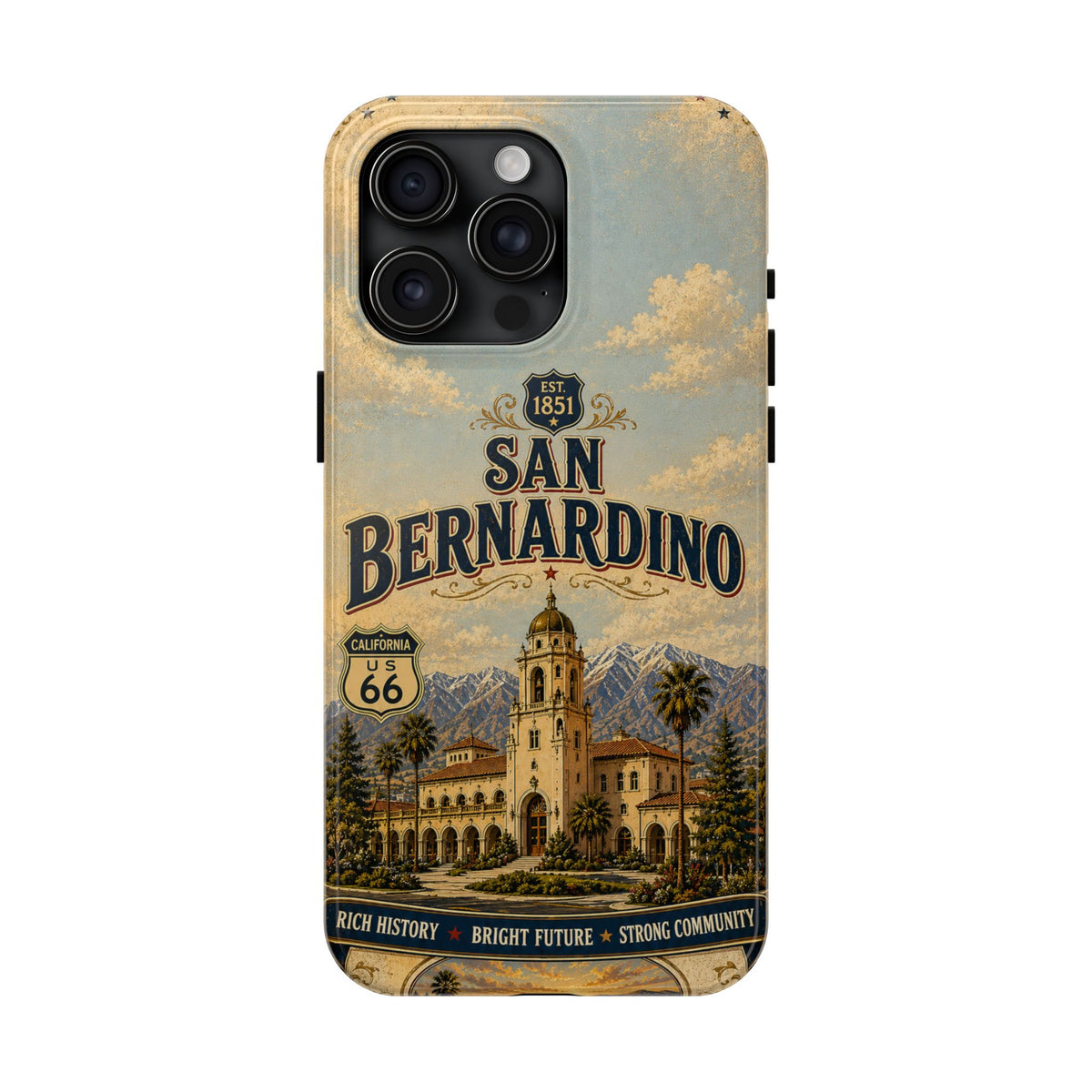 San Bernardino Route 66 Faux Patchwork Phone Case Vintage California Travel Poster Mountain Landmark Cover