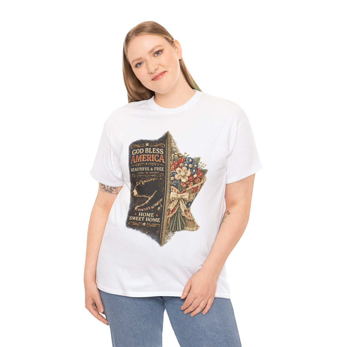 God Bless America T-Shirt — Patriotic "Home Sweet Home" Floral Design