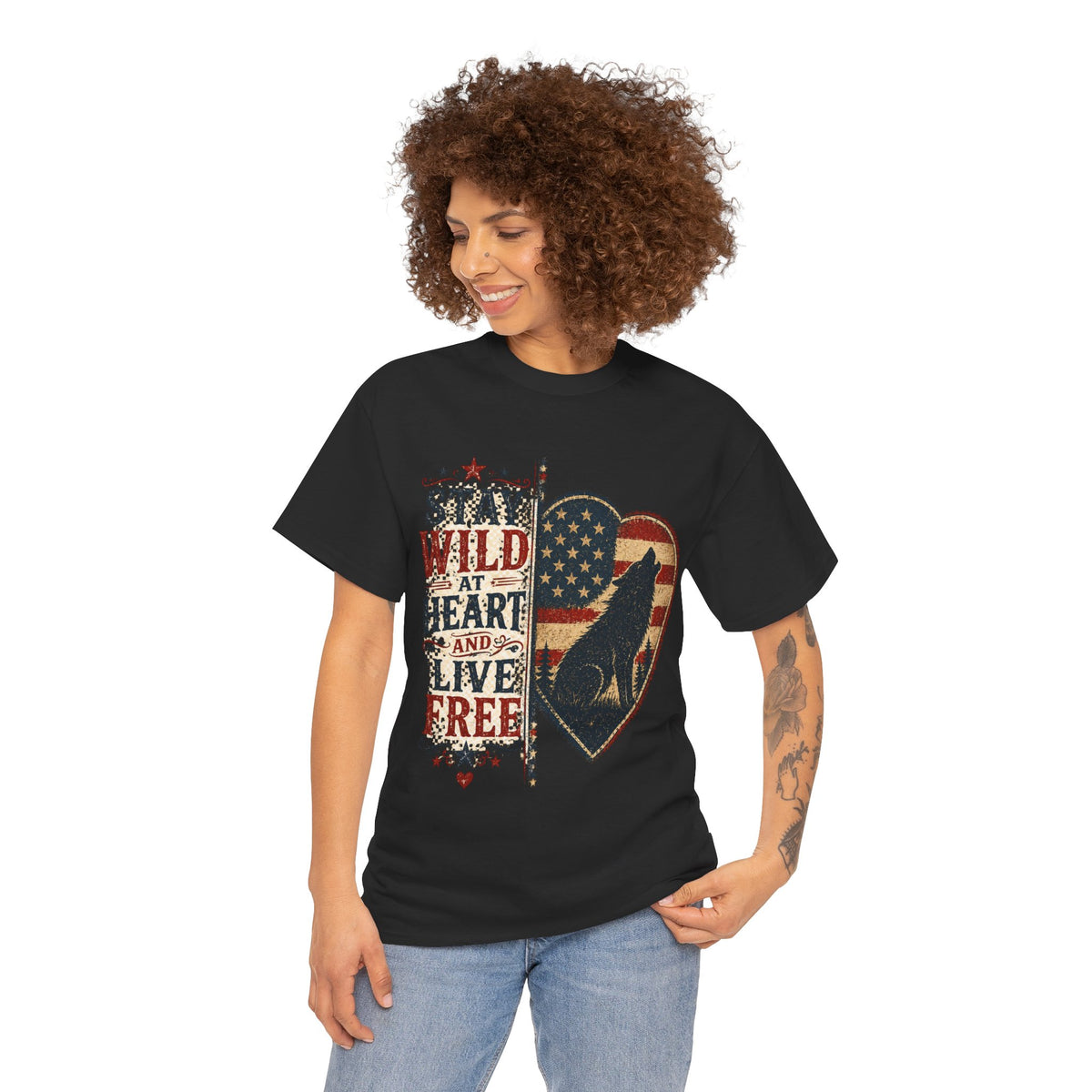 Stay Wild at Heart Live Free T-Shirt - Patriotic Wolf Heart Graphic