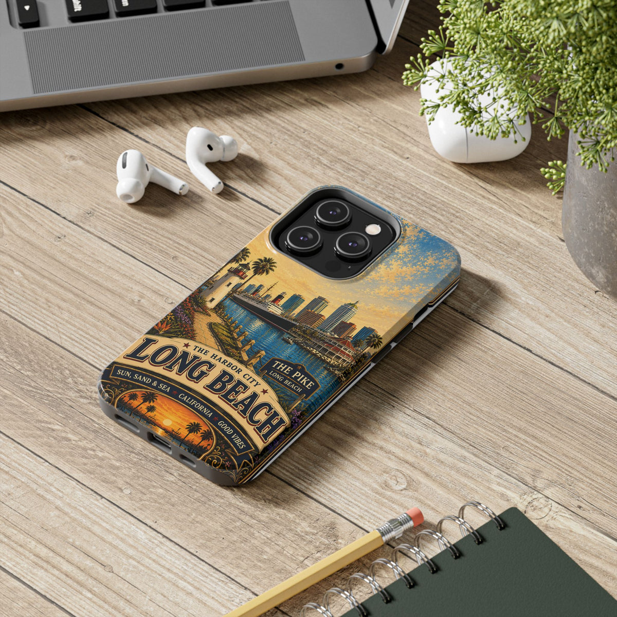 Long Beach Faux Patchwork Phone Case – Harbor City Coastal Retro Art, California Sunset Waterfront Cover