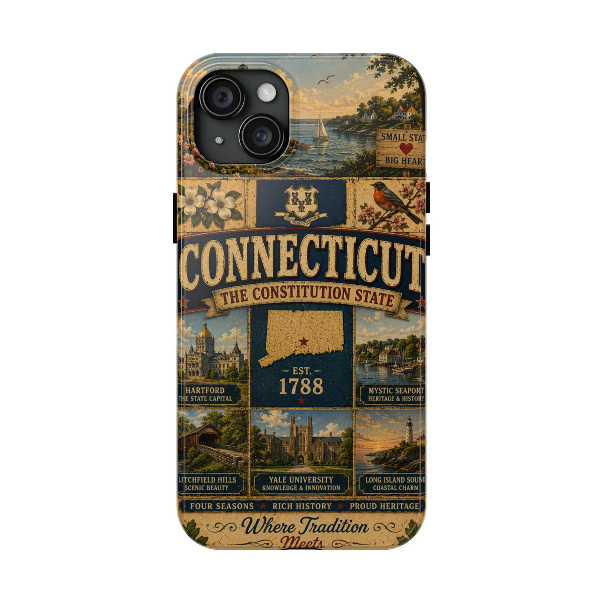 Connecticut Constitution State Faux Patchwork Phone Case Vintage Travel Poster Pride Cover