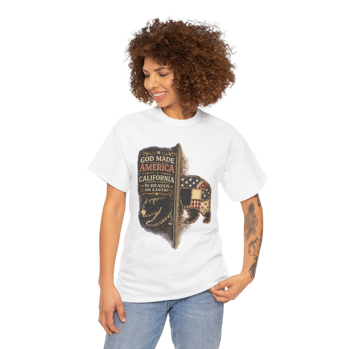 California Buffalo Patriotic T-Shirt — "God Made America, California Is Heaven on Earth"