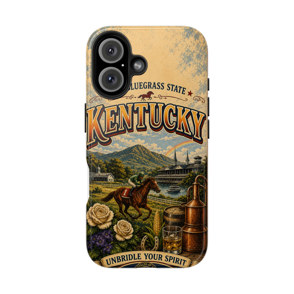 Kentucky Bluegrass State Faux Patchwork Phone Case – Vintage Travel Poster Style Kentucky Souvenir Cover for iPhone & Samsung