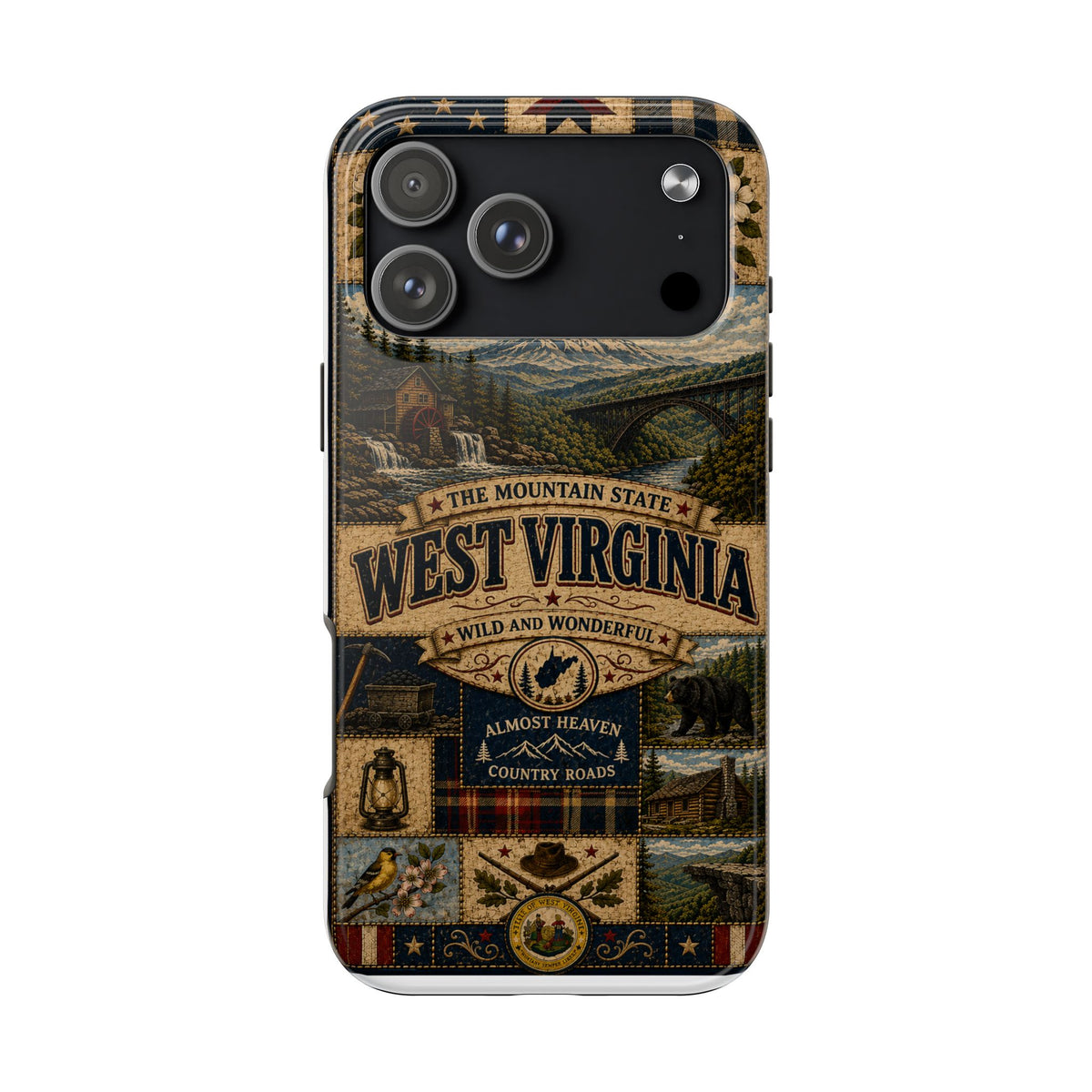 West Virginia Faux Patchwork Phone Case Mountain State Retro New River Gorge Bridge Wild and Wonderful Cover