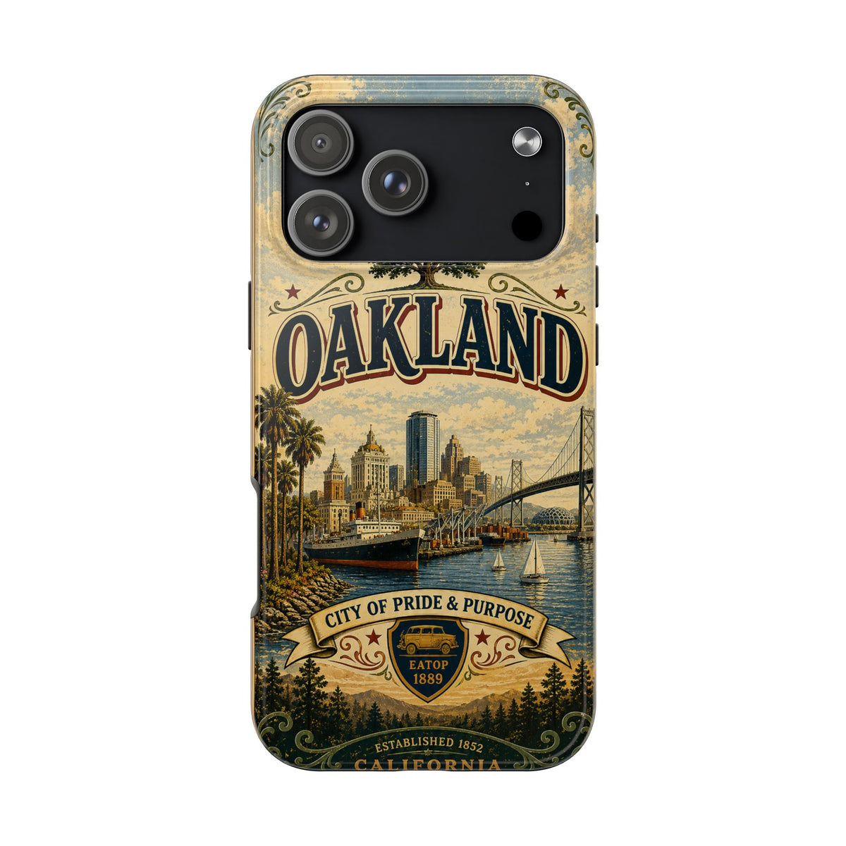 Oakland Bay Heritage Faux Patchwork Phone Case – City of Pride & Purpose Vintage Skyline Art Cover