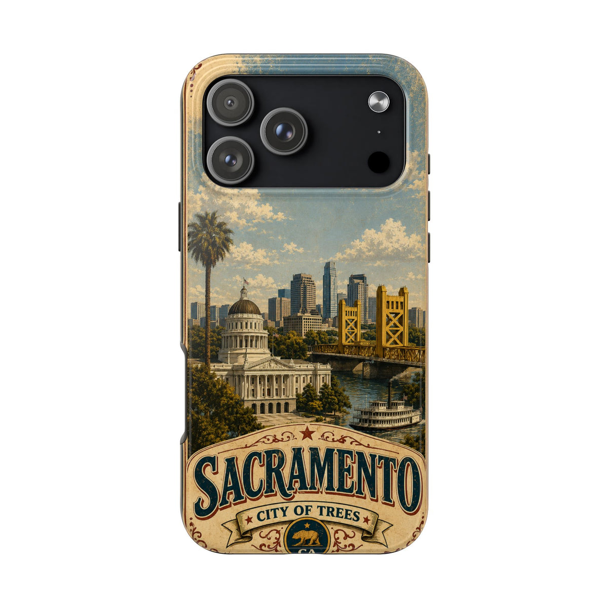 Sacramento City of Trees Faux Patchwork Phone Case Vintage California Landmark Travel Poster Cover