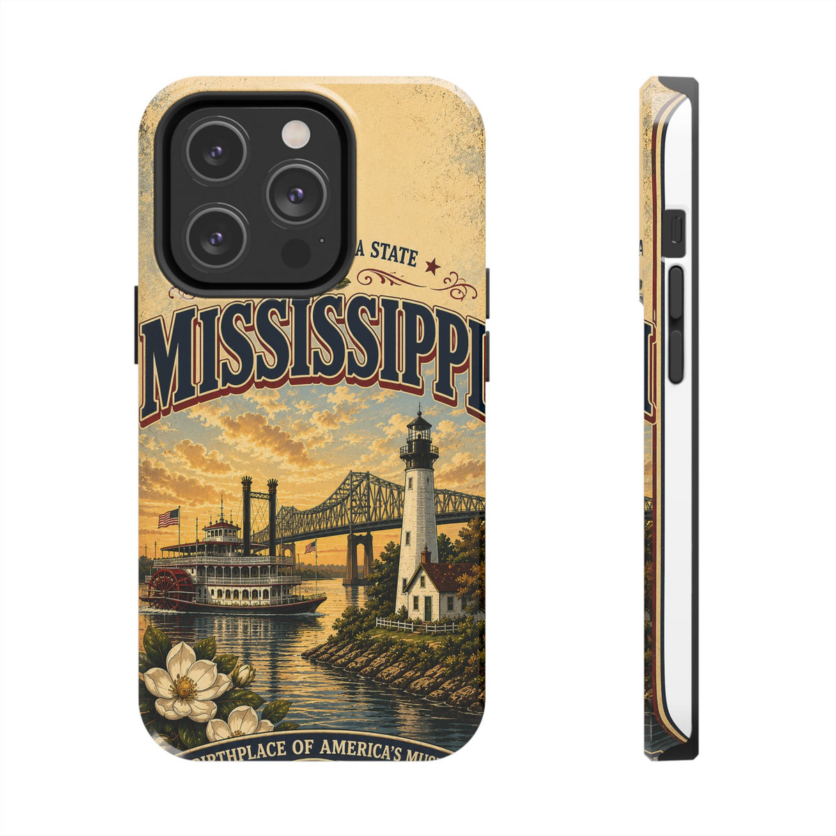 Mississippi Magnolia State Faux Patchwork Phone Case – Vintage Travel Poster Riverboat Lighthouse Design for iPhone & Samsung