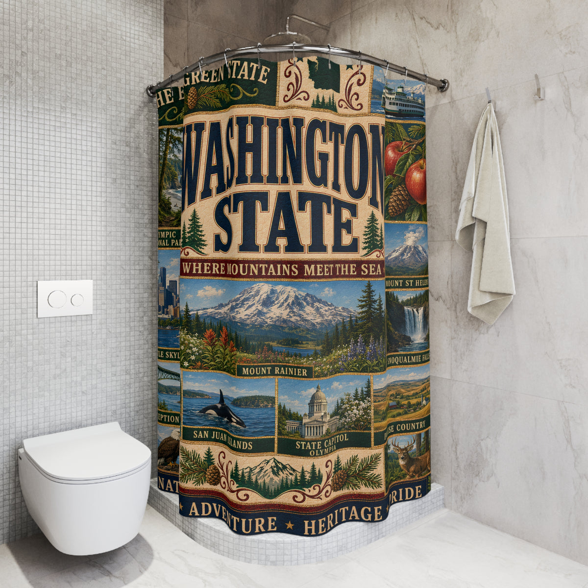 Washington State Shower Curtain Evergreen State Faux Patchwork Pacific Northwest Scenic Landmarks Rustic Bathroom Decor