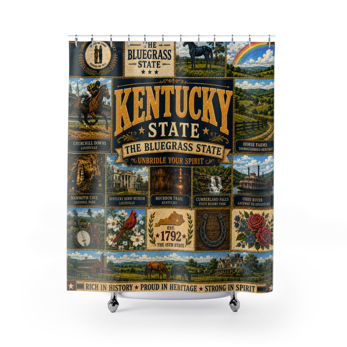 Kentucky Shower Curtain, Bluegrass State Decor, Horse Country Faux Patchwork, Rustic Kentucky Bathroom Decor