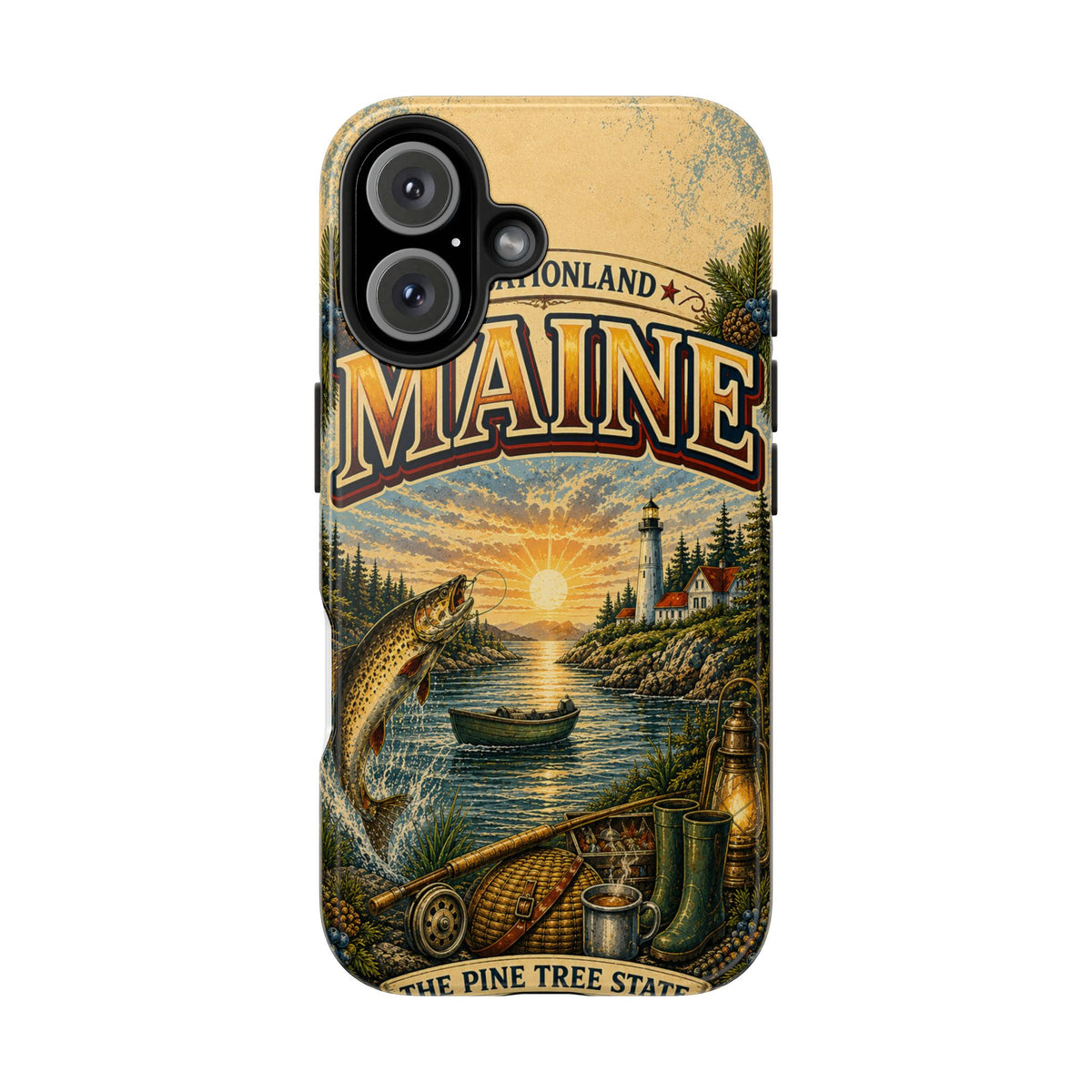 Maine Vacationland Faux Patchwork Phone Case – Vintage Travel Poster Style Coastal Maine Souvenir Cover for iPhone & Samsung