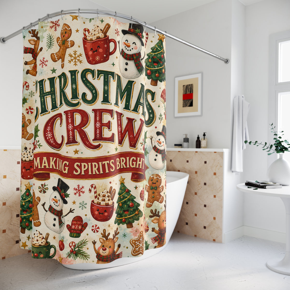 Christmas Crew Shower Curtain Making Spirits Bright Reindeer Gingerbread Snowman Cocoa Holiday Bathroom Decor
