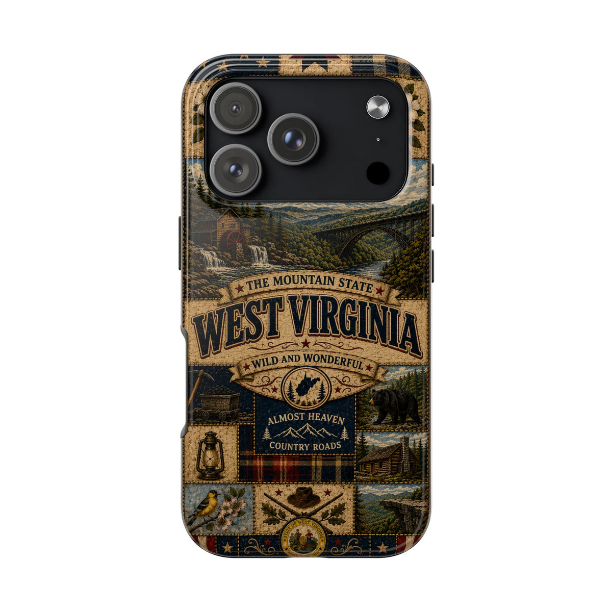 West Virginia Faux Patchwork Phone Case Mountain State Retro New River Gorge Bridge Wild and Wonderful Cover