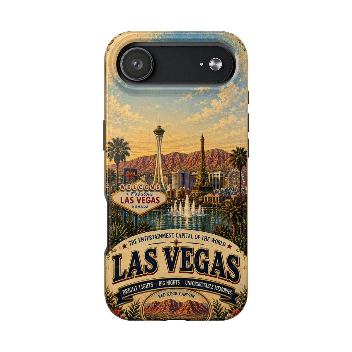 Las Vegas Faux Patchwork Phone Case – Entertainment Capital Retro Travel Art, Strip Skyline & Desert Sunset Cover