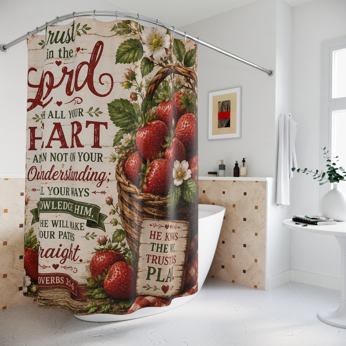 Strawberry Christian Shower Curtain Trust in the Lord Proverbs 3 5 6 Farmhouse Faith Bathroom Decor