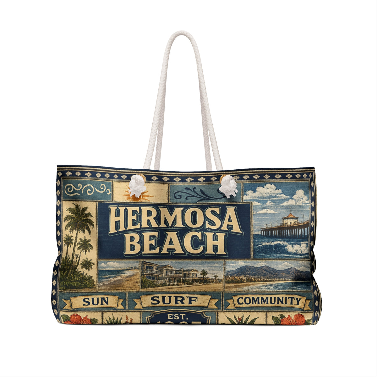 Hermosa Beach California Weekender Bag Sun Surf Community Faux Patchwork Travel Tote Coastal Beach Getaway Gift