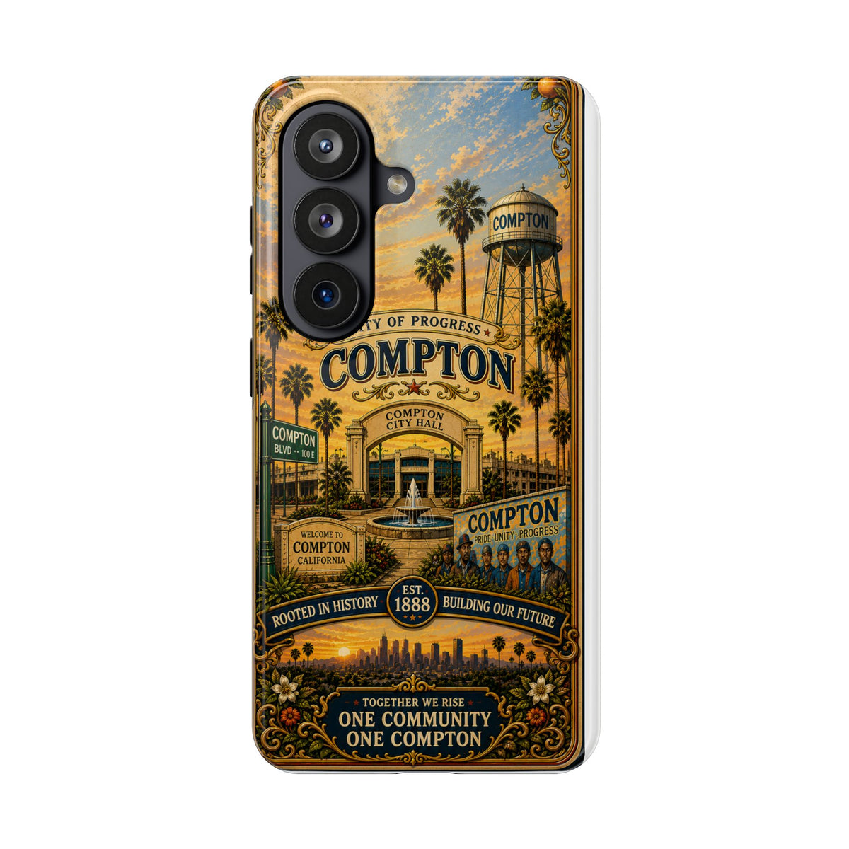 Compton Heritage Tough PhoCompton California Vintage Travel Phone Case City of Progress Retro Skyline Landmark Coverne Case — "One Community, One Compton" Vintage City Design