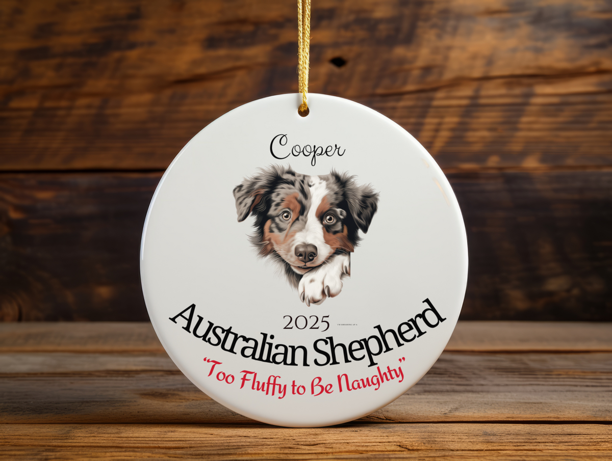 Australian Shepherd “Too Fluffy to Be Naughty” Personalized Pet Ornament with Photo & Name – Funny Custom Dog Christmas Ornament