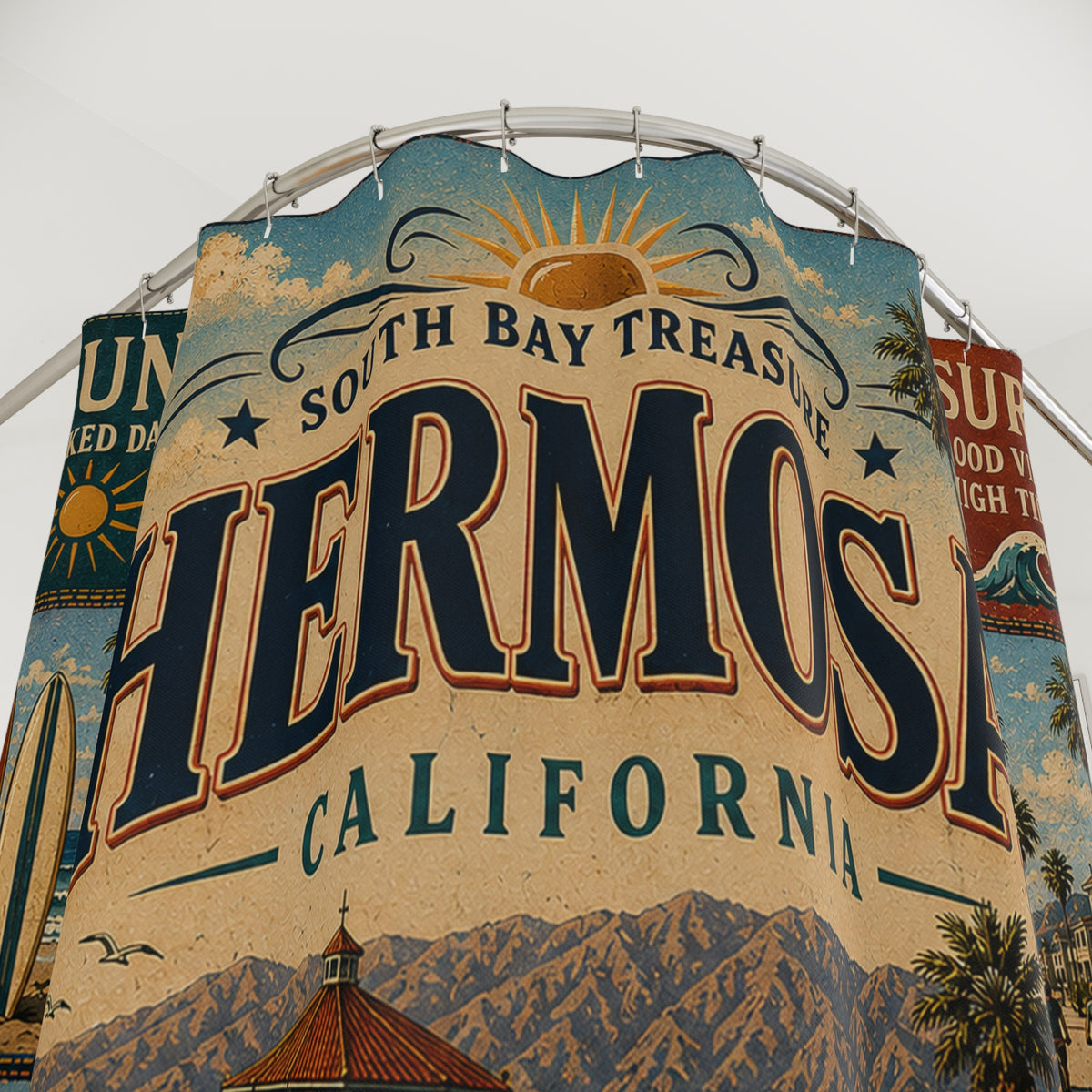 Hermosa Beach California Shower Curtain South Bay Faux Patchwork Sun Surf Coastal Bathroom Decor