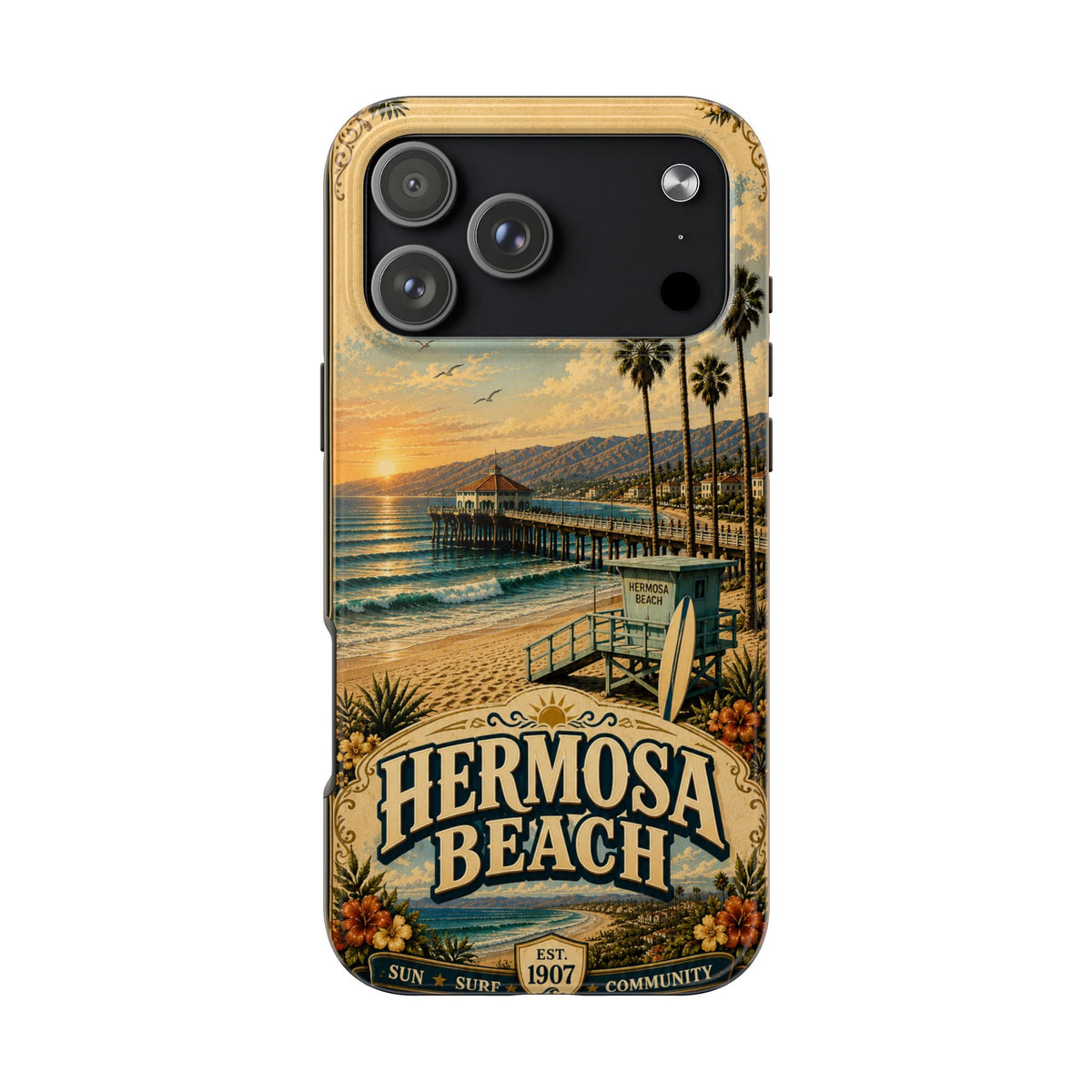 Coastal Pier Faux Patchwork Phone Case – Sunset Waves & Surf Retro California Beach Art Cover