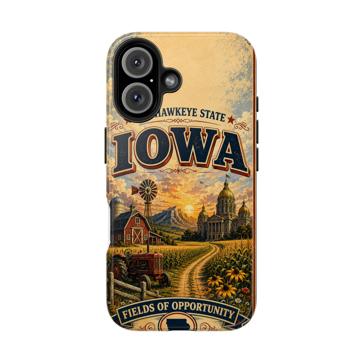Iowa Hawkeye State Faux Patchwork Phone Case – Vintage Travel Poster Style Iowa Souvenir Cover for iPhone & Samsung