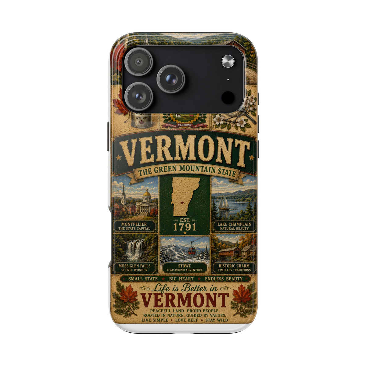 Vermont Faux Patchwork Phone Case The Green Mountain State Vintage Travel Poster Retro State Pride Cover Est 1791