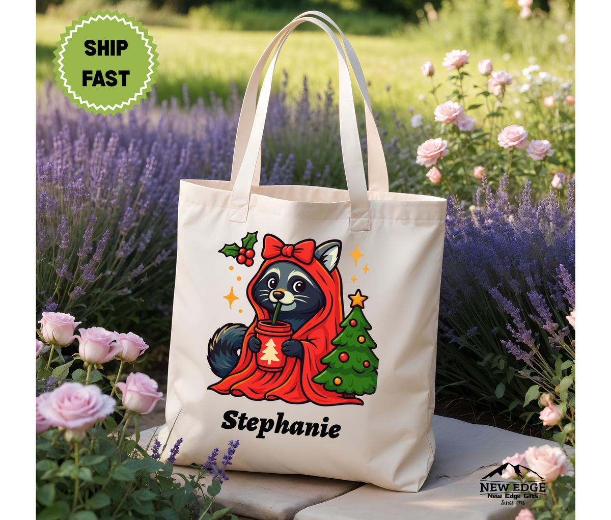 Personalized Christmas Tote Bag – Cute Raccoon in Orange Hooded Robe with Bow by Christmas Tree, Cotton Canvas Shopping Bag