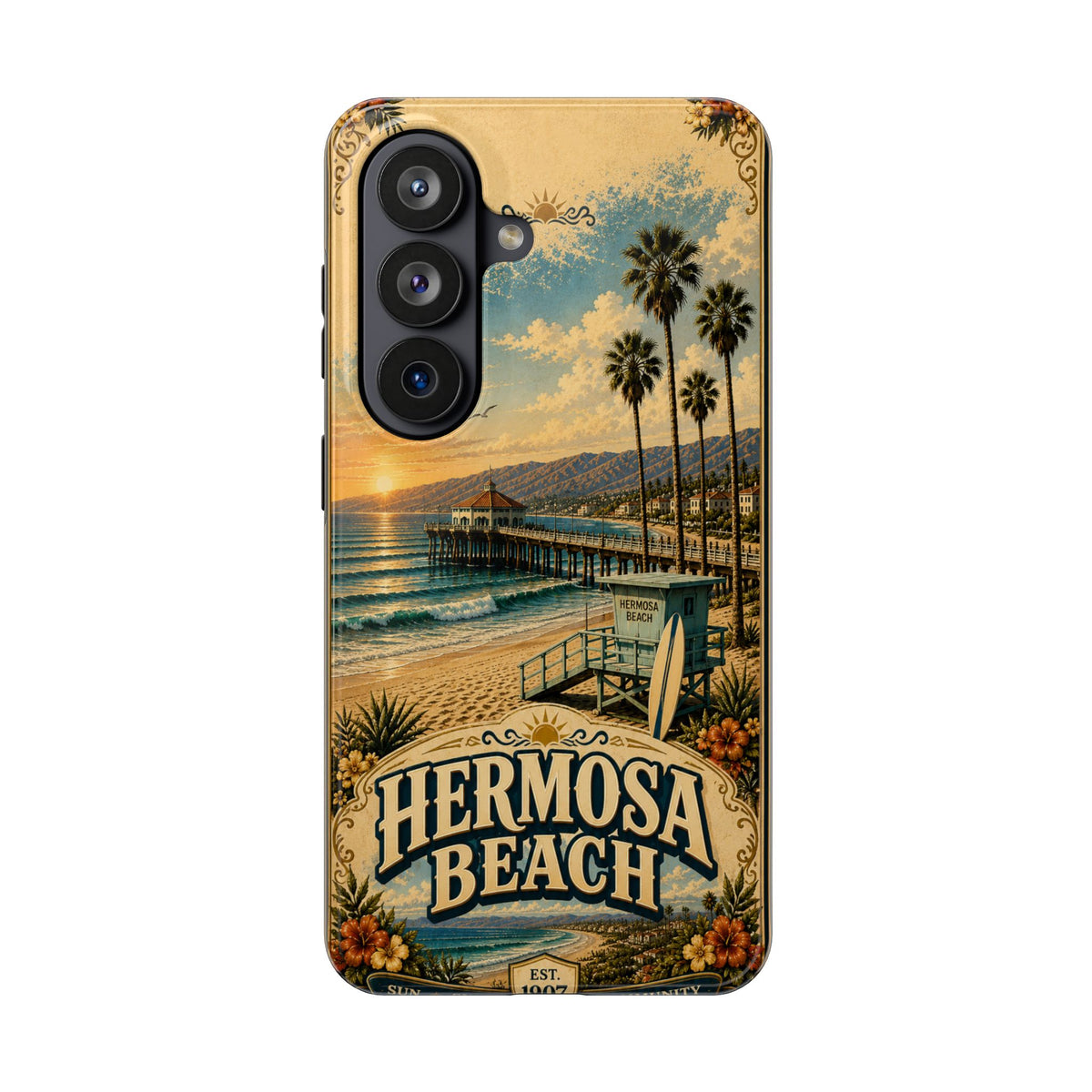 Coastal Pier Faux Patchwork Phone Case – Sunset Waves & Surf Retro California Beach Art Cover