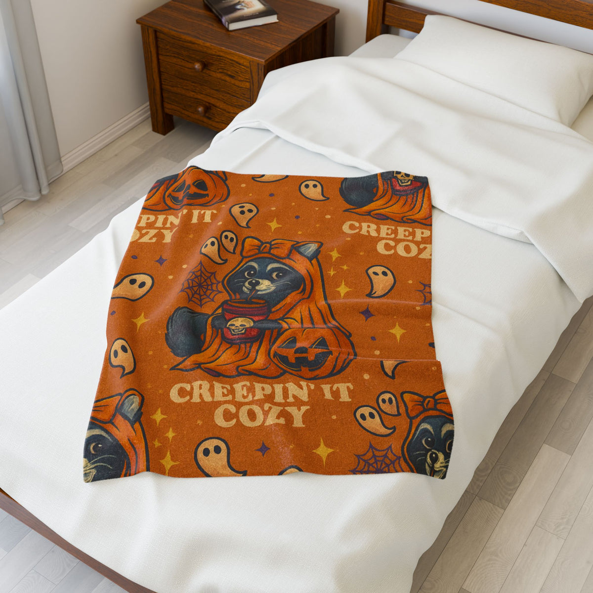 Velveteen Creepin’ It Cozy Raccoon Halloween Blanket – Soft Spooky Fall Throw