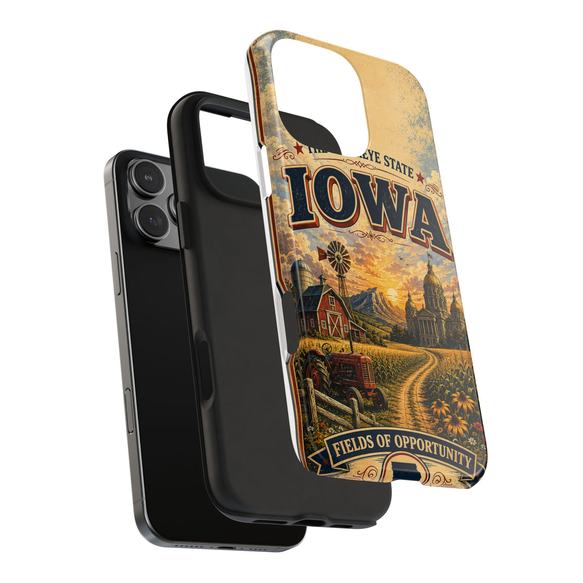 Iowa Hawkeye State Faux Patchwork Phone Case – Vintage Travel Poster Style Iowa Souvenir Cover for iPhone & Samsung
