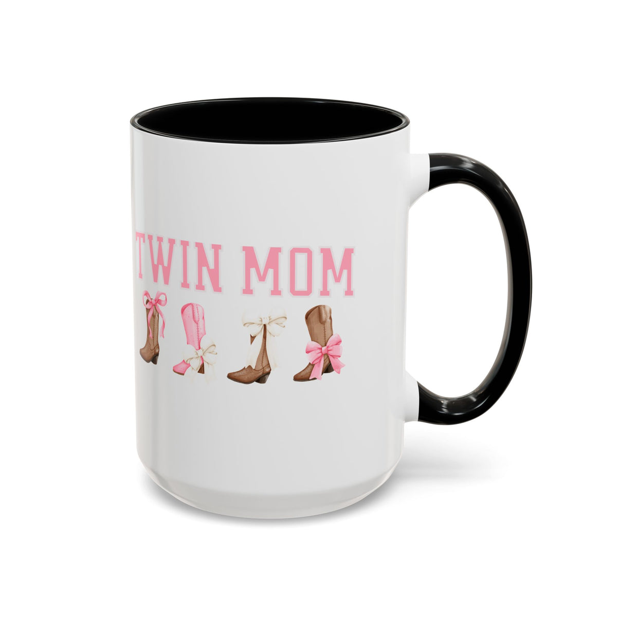 Twin Mom Letters Coffee Mug with Cowboy Boots and Bow – 11oz & 15oz Accent Mug – Cute Western Gift for Twin Moms