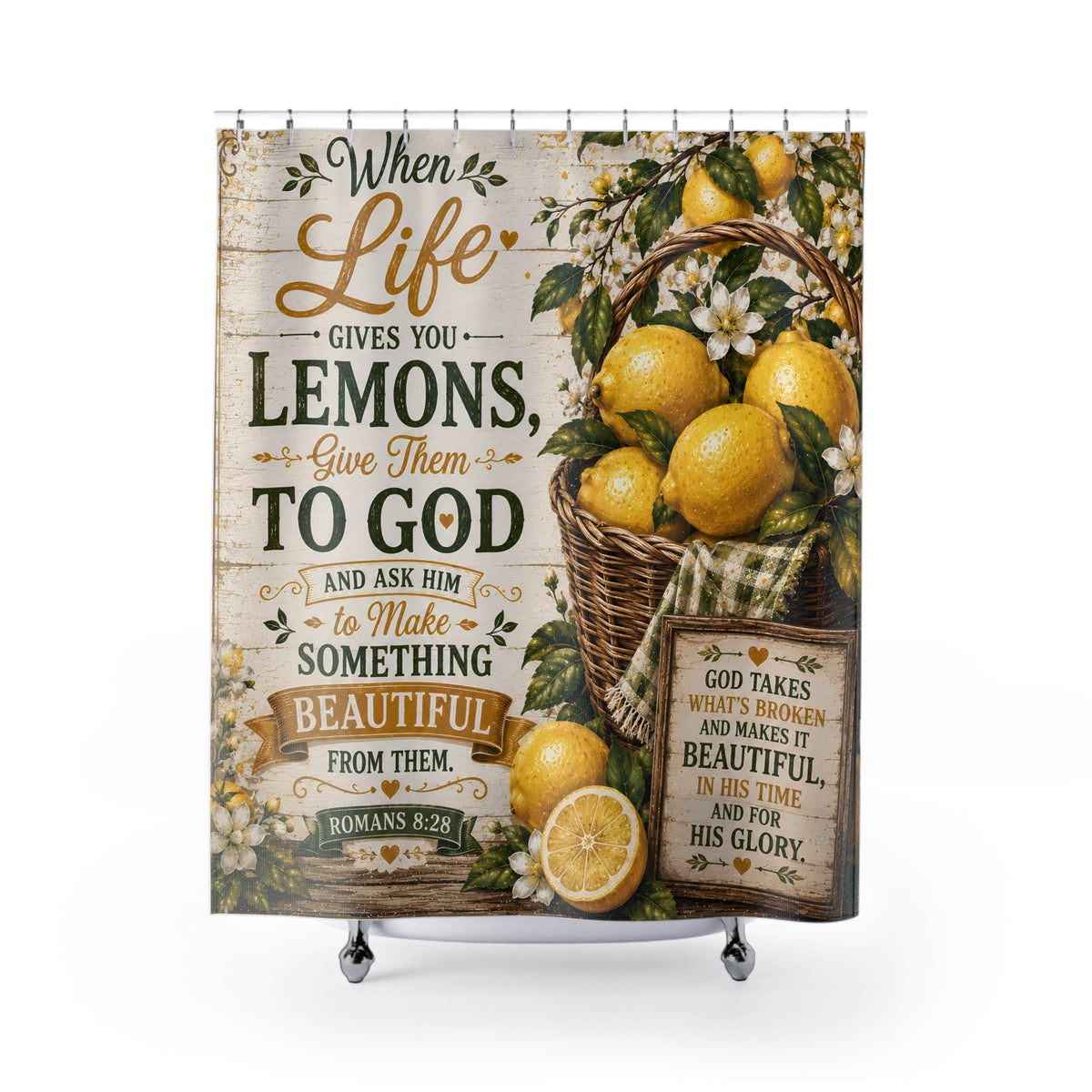 Lemon Christian Shower Curtain When Life Gives You Lemons Give Them to God Romans 8 28 Farmhouse Faith Decor