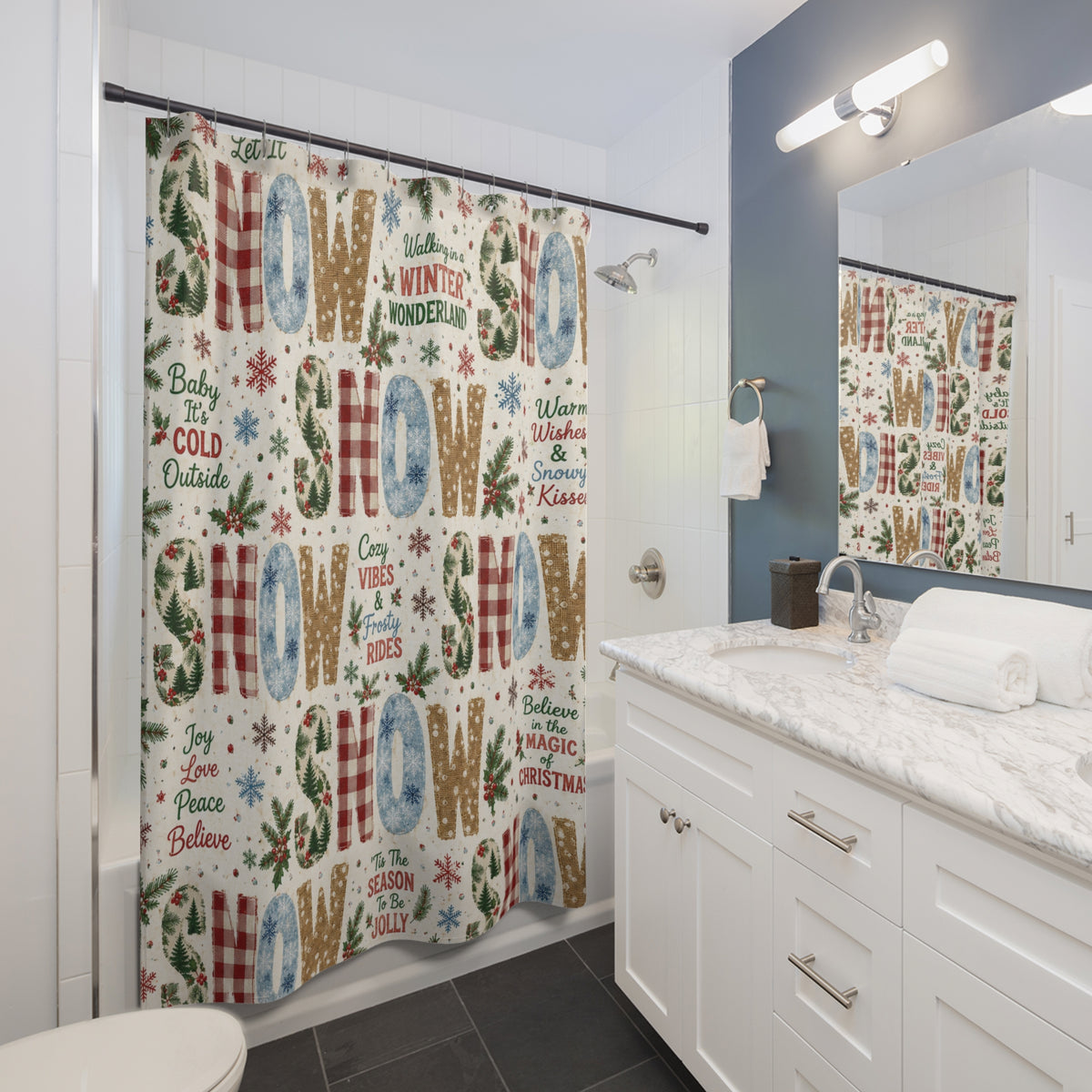 Christmas Snow Shower Curtain Faux Patchwork Winter Wonderland Plaid Snowflakes Pine Trees Rustic Farmhouse Holiday Bathroom Decor