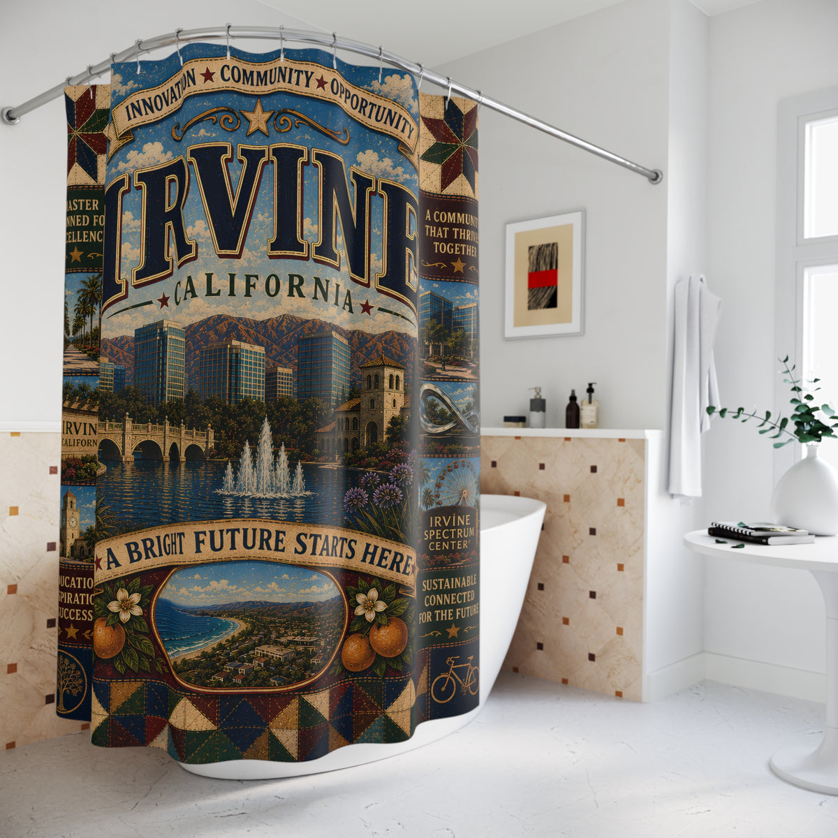 Irvine California Shower Curtain Bright Future Faux Patchwork Innovation City Landmark Bathroom Deco
