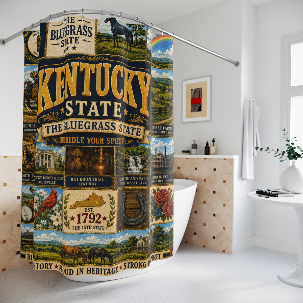 Kentucky Shower Curtain, Bluegrass State Decor, Horse Country Faux Patchwork, Rustic Kentucky Bathroom Decor