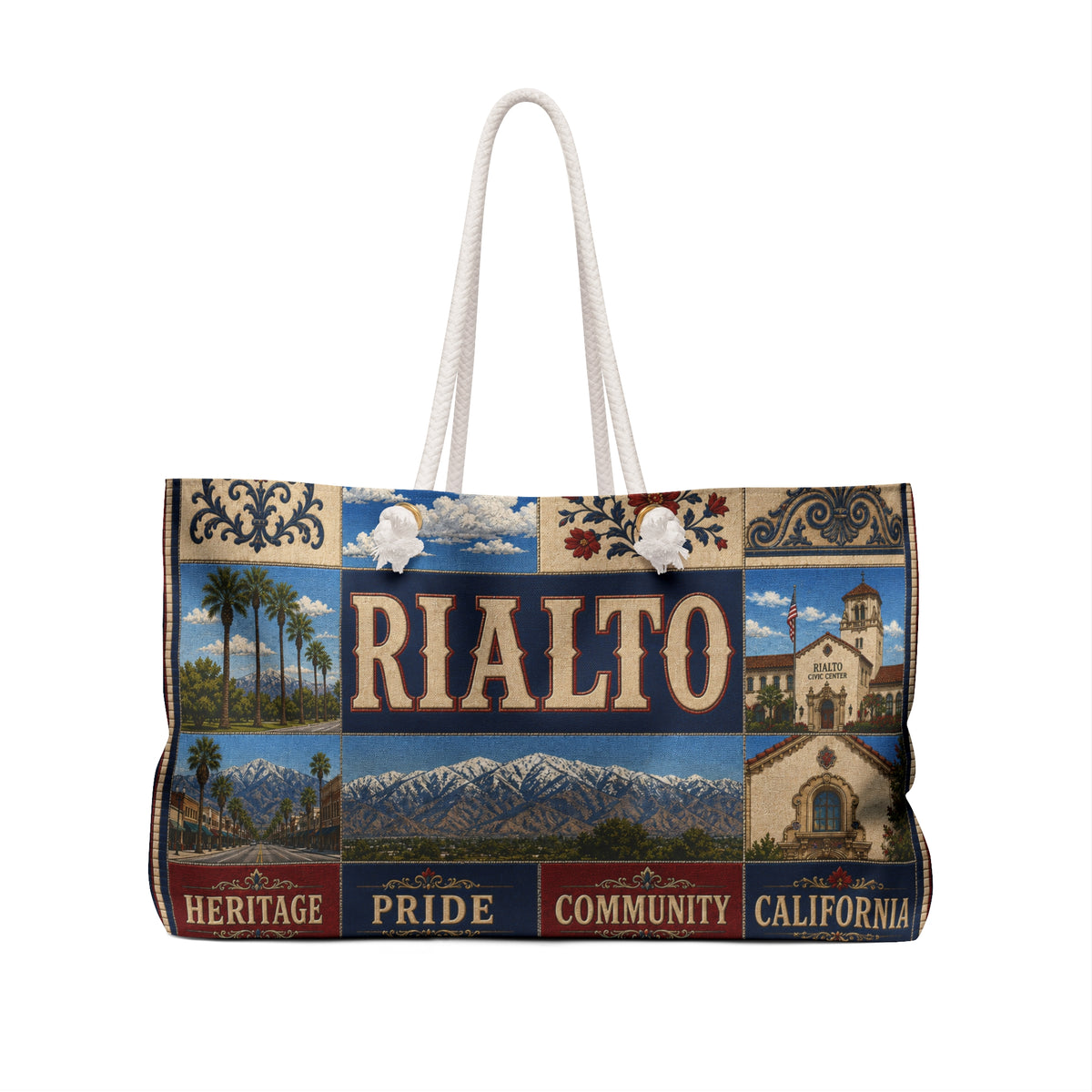 Rialto California Weekender Bag Heritage Pride Faux Patchwork Travel Tote Vintage Inland Empire Getaway Gift