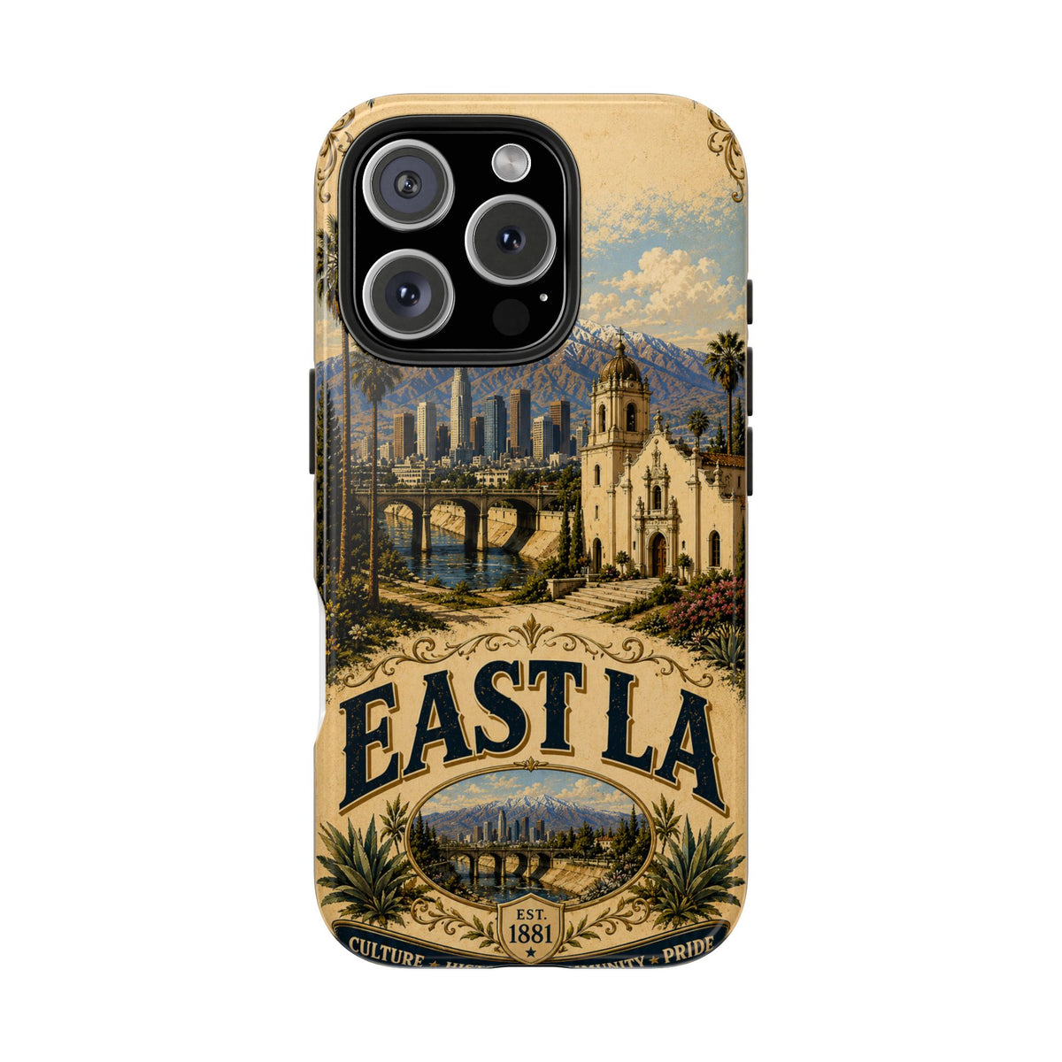 East LA Faux Patchwork Phone Case – Cultural Heritage Skyline & Mission Landmark Retro Cover for iPhone 17 Samsung S26