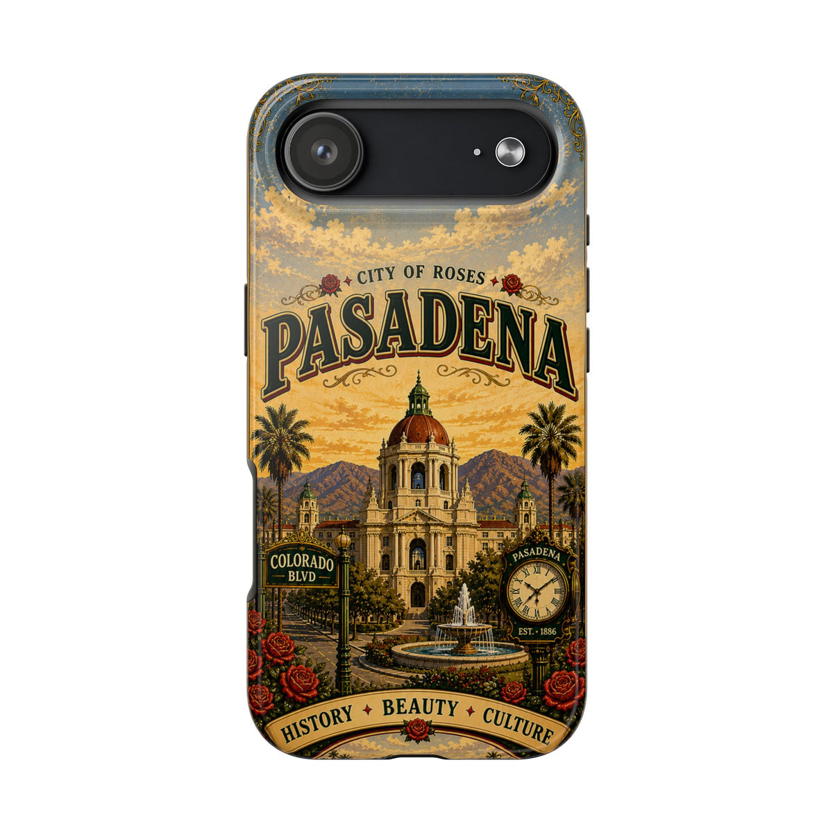 Pasadena City of Roses Faux Patchwork Phone Case – Vintage California Landmark Travel Art Cover