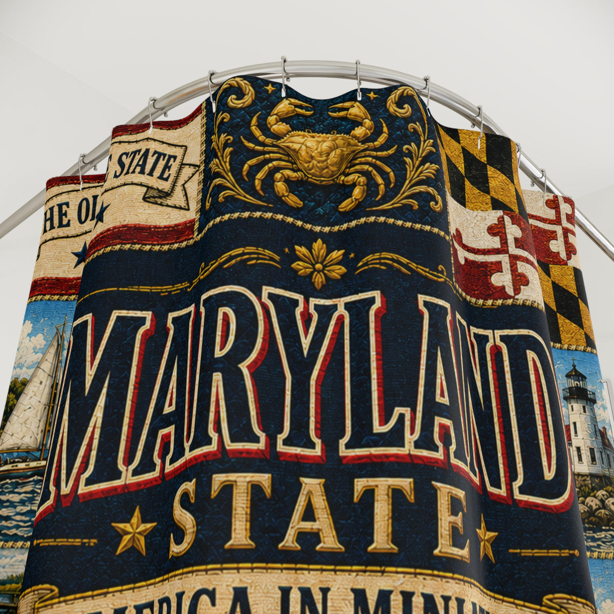 Maryland Shower Curtain, Chesapeake Bay Decor, Old Line State Faux Patchwork, Coastal Landmark Bathroom Decor