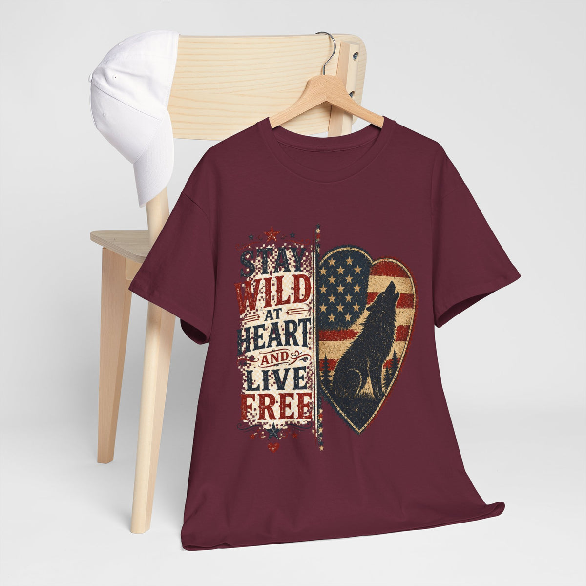 Stay Wild at Heart Live Free T-Shirt - Patriotic Wolf Heart Graphic