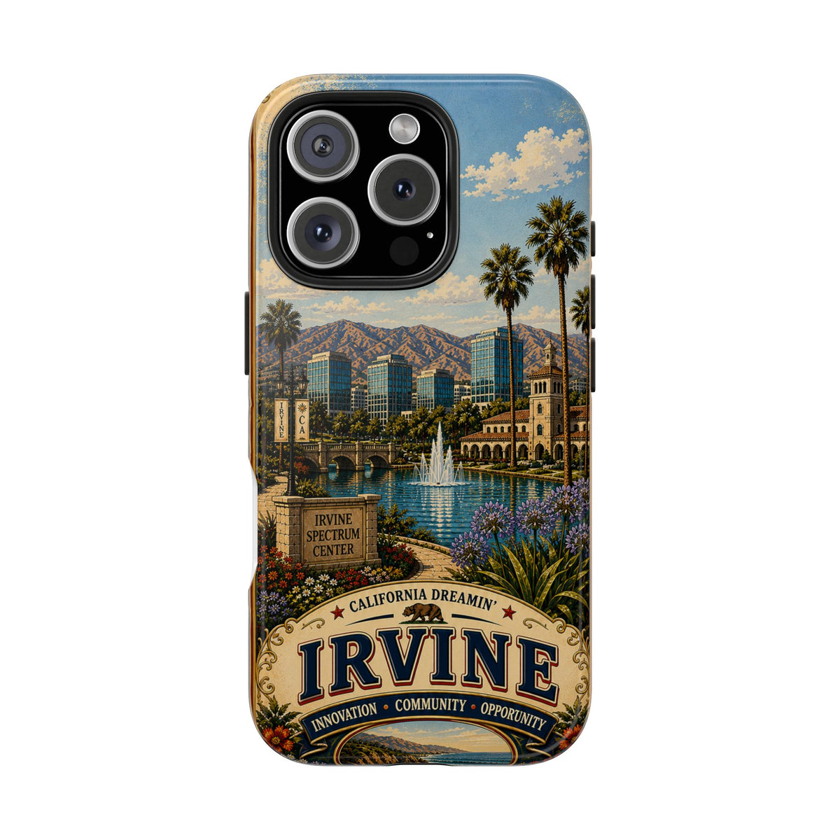 Irvine Faux Patchwork Phone Case – California Dreamin’ Vintage Travel Art, Spectrum Park & Cityscape Cover