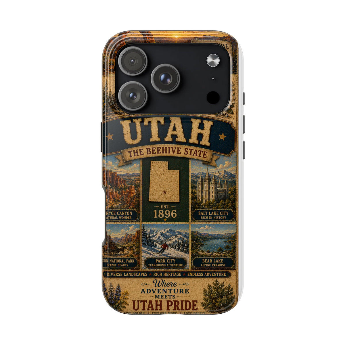 Utah Faux Patchwork Phone Case The Beehive State Vintage Travel Poster Retro State Pride Cover Est 1896