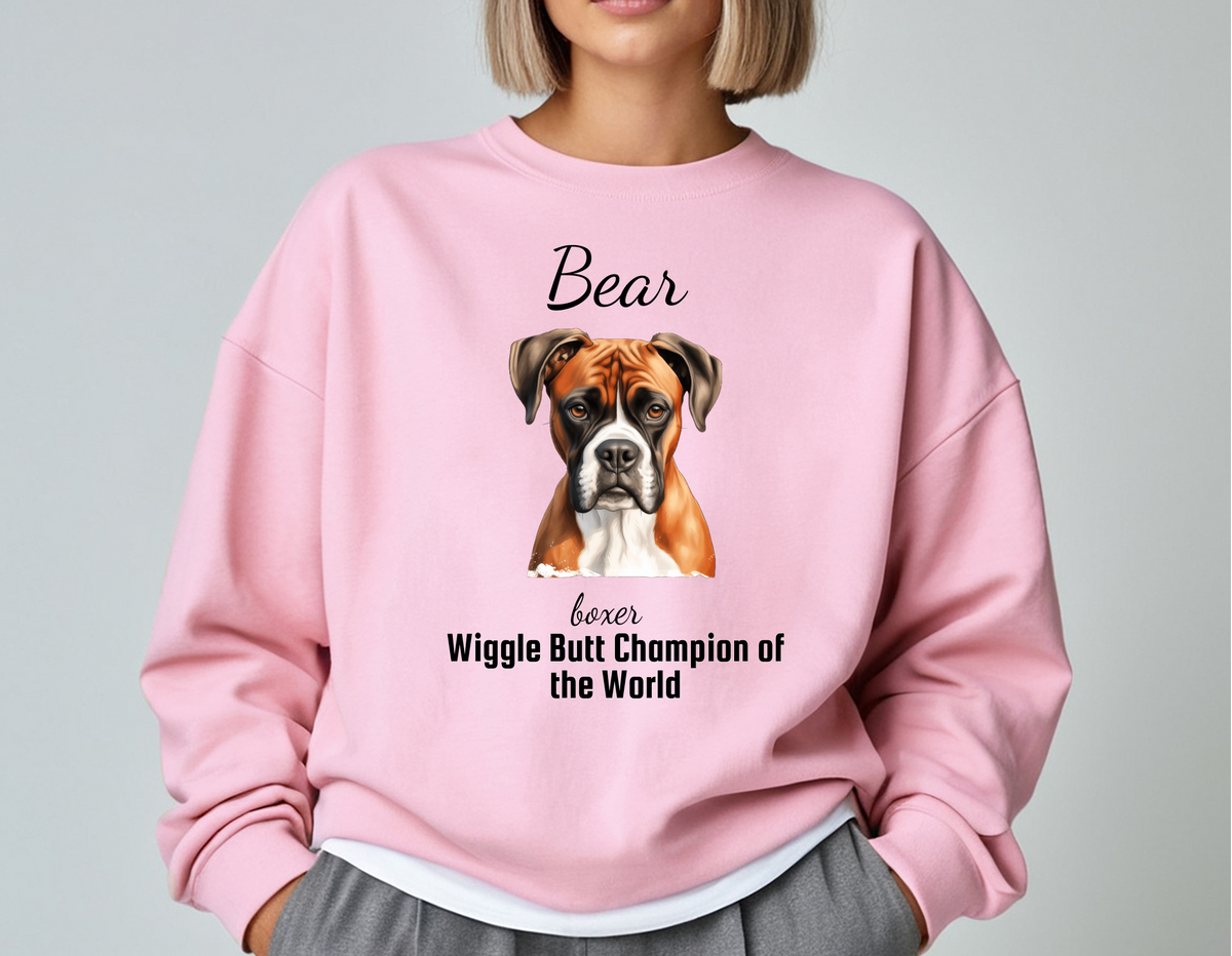Personalized Boxer Dog Sweatshirt – “Wiggle Butt Champion of the World” | Custom Unisex Christmas Gift, Funny Dog Lover Sweatshirt, Pet Gift for Him or Her