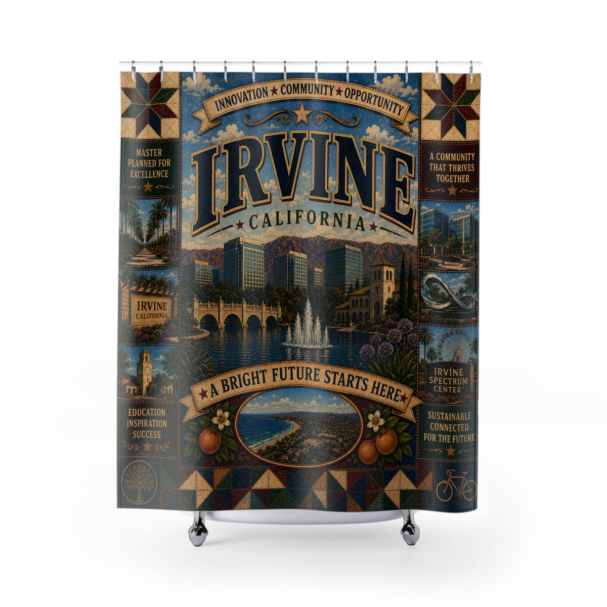 Irvine California Shower Curtain Bright Future Faux Patchwork Innovation City Landmark Bathroom Deco