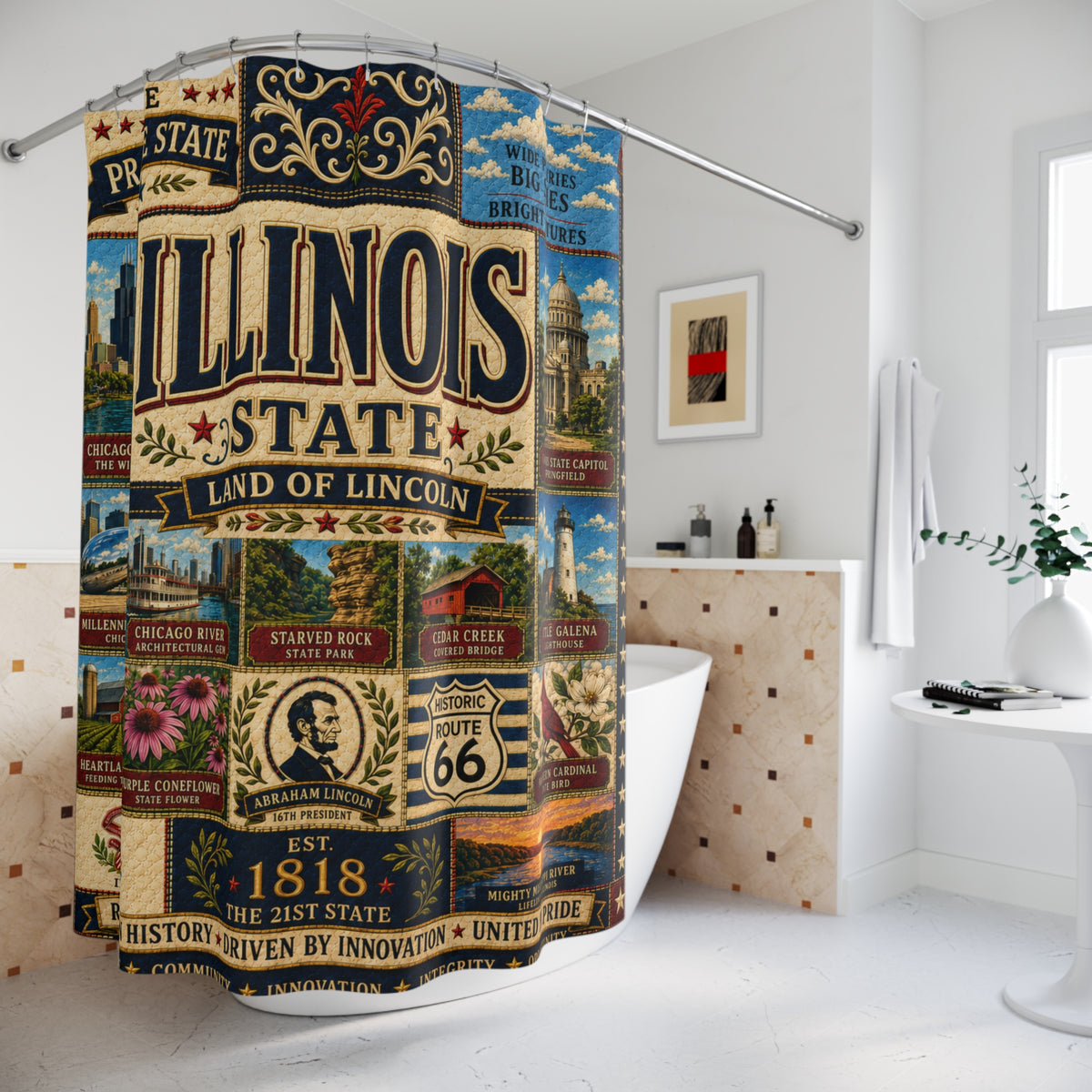 Illinois Shower Curtain, Land of Lincoln Decor, Chicago Route 66 Faux Patchwork, Prairie State Bathroom Decor