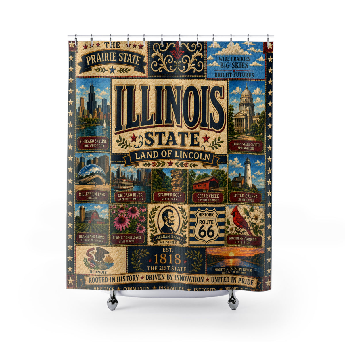 Illinois Shower Curtain, Land of Lincoln Decor, Chicago Route 66 Faux Patchwork, Prairie State Bathroom Decor
