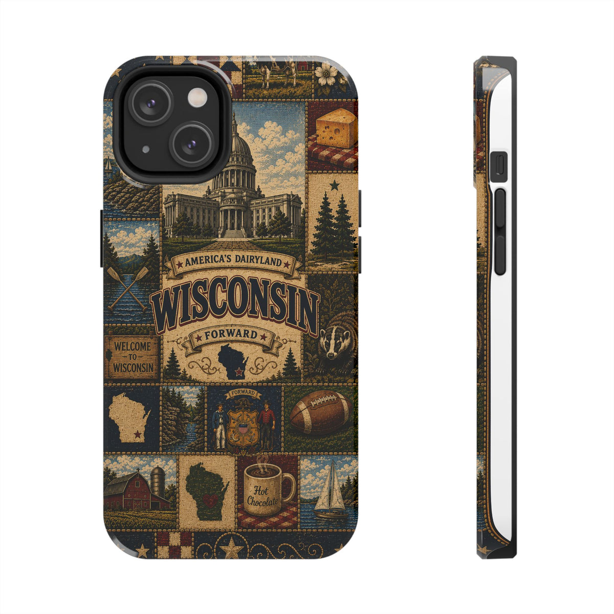 Wisconsin Faux Patchwork Phone Case Americas Dairyland Retro Barn Lighthouse Forward State Pride Cover