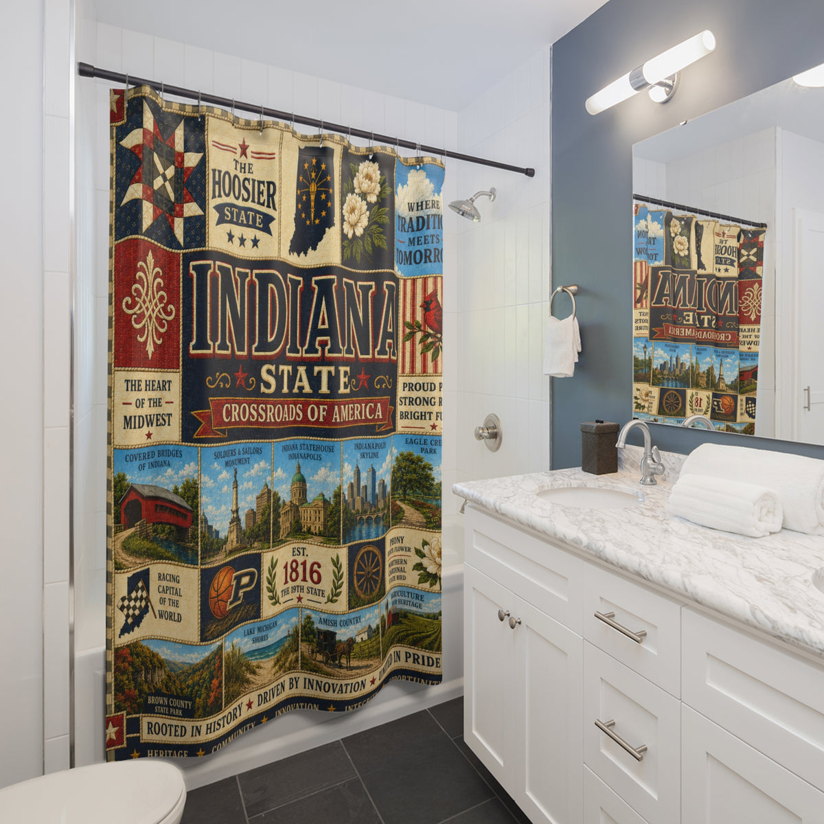 Indiana Shower Curtain, Hoosier State Decor, Crossroads of America Faux Patchwork, Indiana Landmark Bathroom Decor