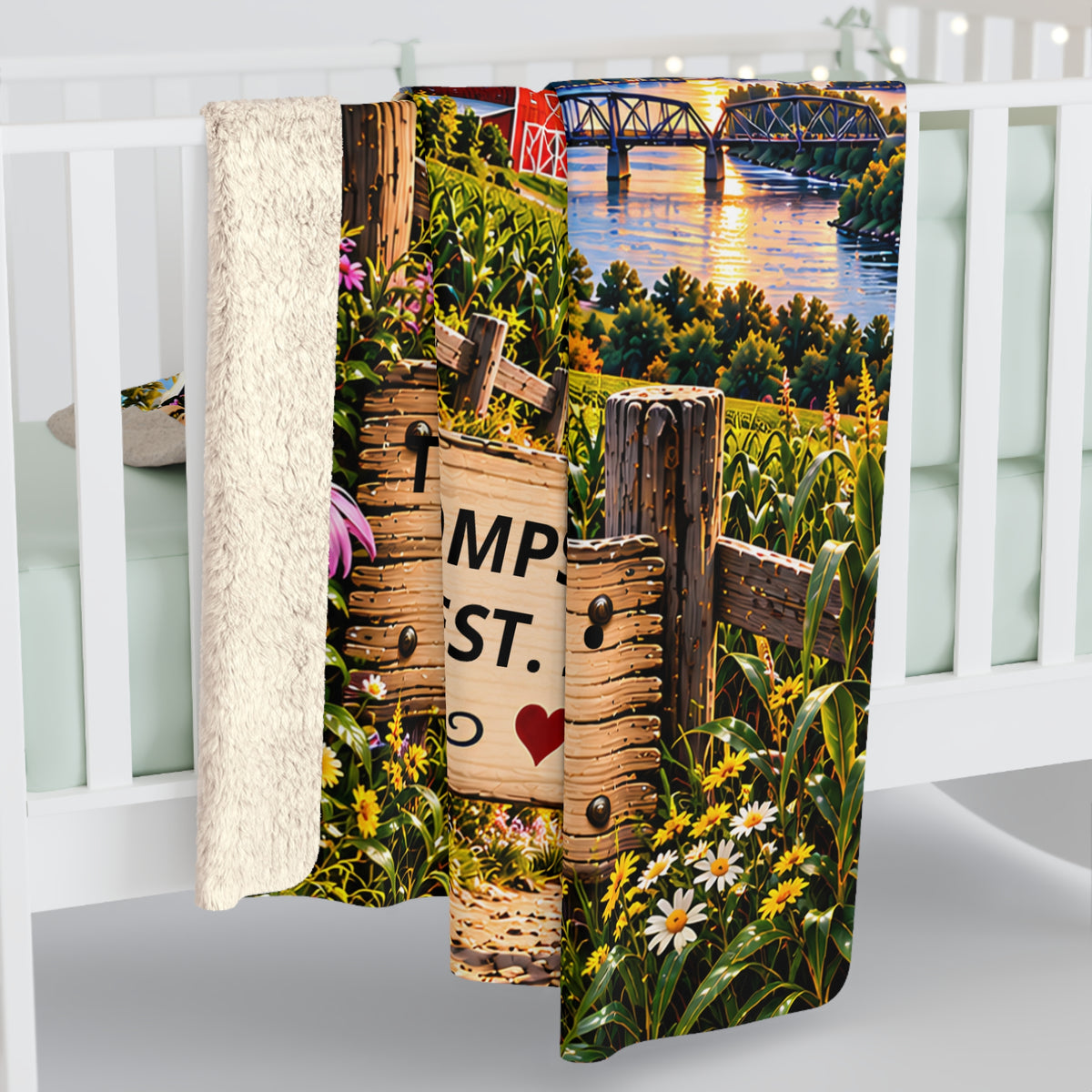 Iowa Personalized Sherpa Fleece Blanket, Farmland Covered Bridge Scenic Heritage Custom Family Name